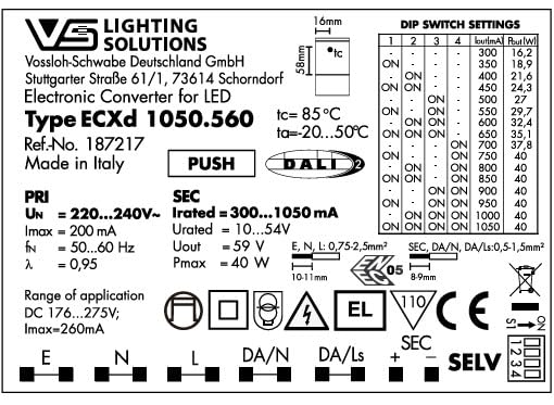 VOSSLOH-SCHWABE 40W 350-1050mA 10–54V IP20 DALI CC LED DRIVER POWER SUPPLY