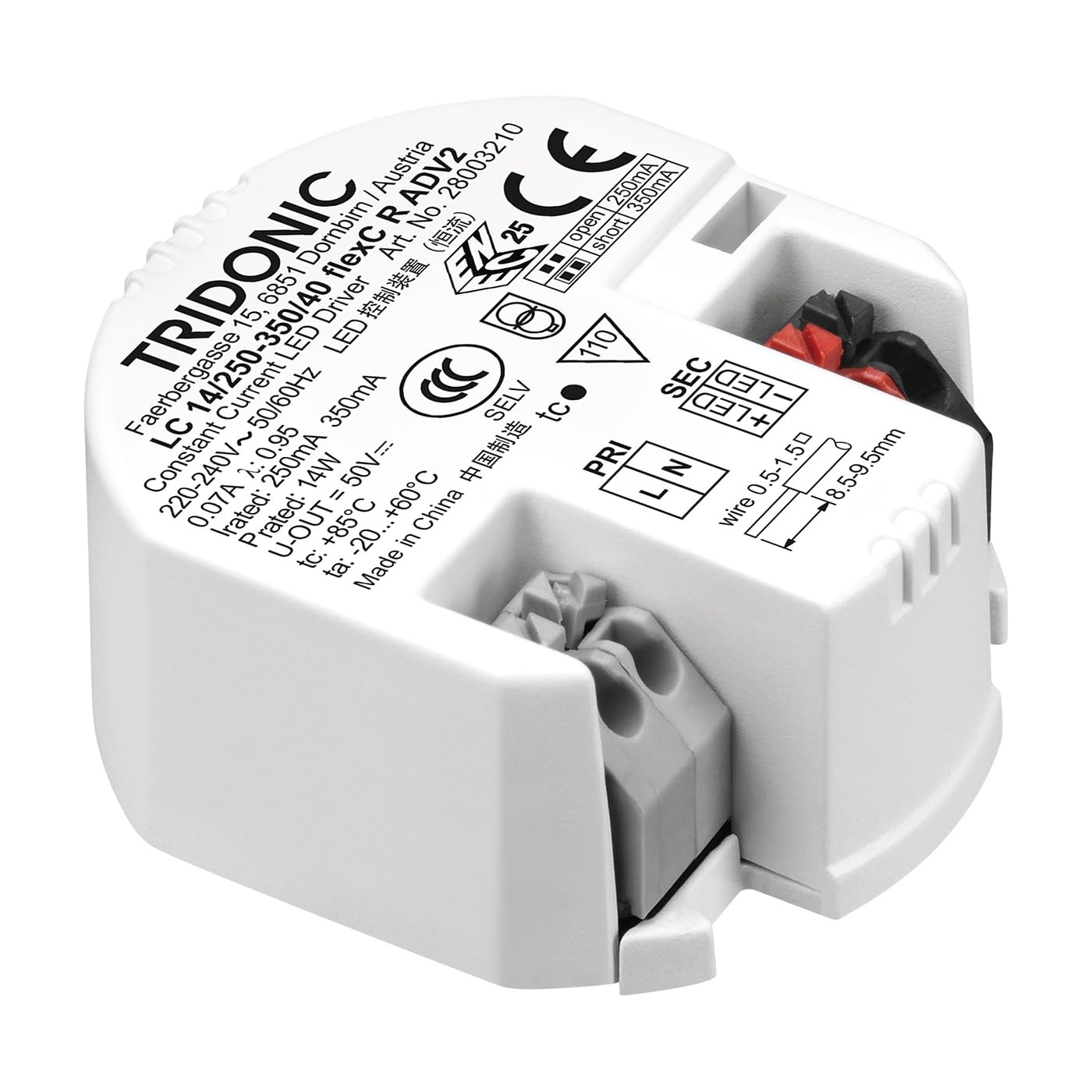 TRIDONIC 28003210 14W 250-350mA 20-40V IP20 ON/OFF LED DRIVER POWER SUPPLY,LC 14/250-350/40 flexC R ADV2